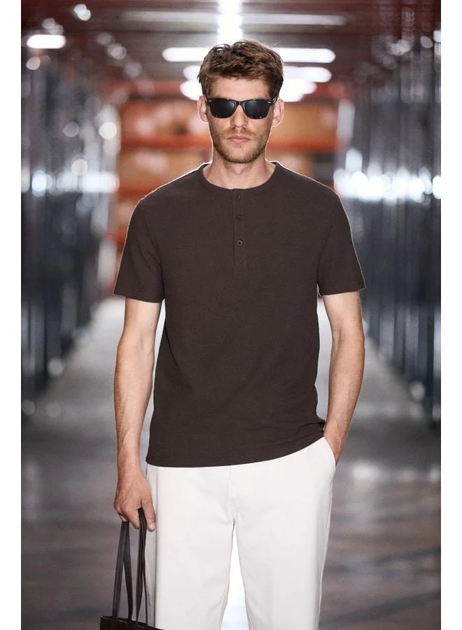 Grimelange CALPEN 100% Organic Cotton Buttoned Collar Regular Fit Dark Coffee T-Shirt.