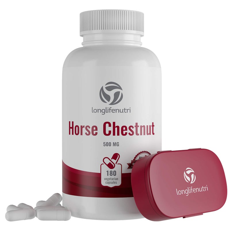 LongLifeNutri Horse Chestnut Extract 500mg 180 Vegetarian Capsules Made in USA Aescin 100mg Per Pill Horsechestnut Seed Supplement 500 mg