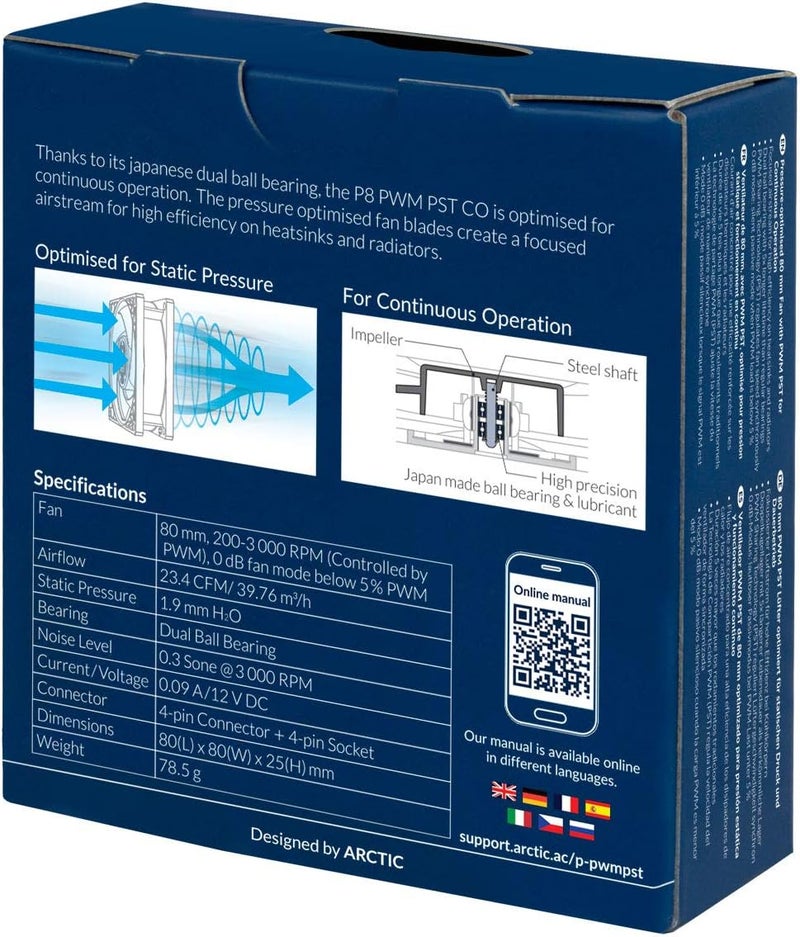 Arctic P8 PWM PST CO - 80 mm PC Case Fan with PWM PST for Continuous Operation, 200-3000 RPM, Noise Level: 0.3 Sone, Airflow: 23.4 CFM - Image 5
