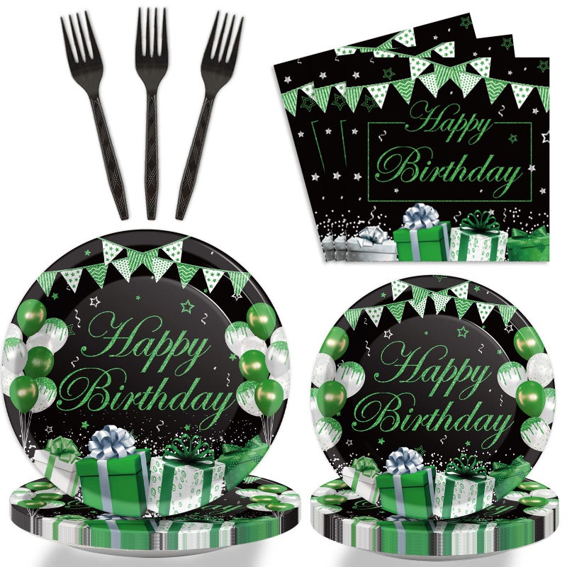 Wiooffen 96 Pcs Green Silver Black Birthday Party Tableware Set Confetti Sprinkles Party Decorations Green Birthday Plates Table Decors for Men Women Plates Napkins Forks for 24 Guests