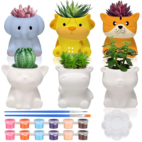 Beeveer 6 Sets Paint Your Own Ceramic Animal Succulent Planters Paintable Animal Ceramic Small DIY Figurines Unpainted Succulent Pots with Drainage Hole for Adults - Image 1
