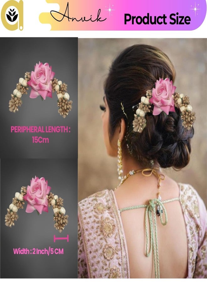ANVIK Fancy Party Bridal Wedding Fabric/Artificial Flower Bun Juda Hair Gajra for Women Flower Floral Hair Accessories for women Veni for hair (Light Pink) - Image 3