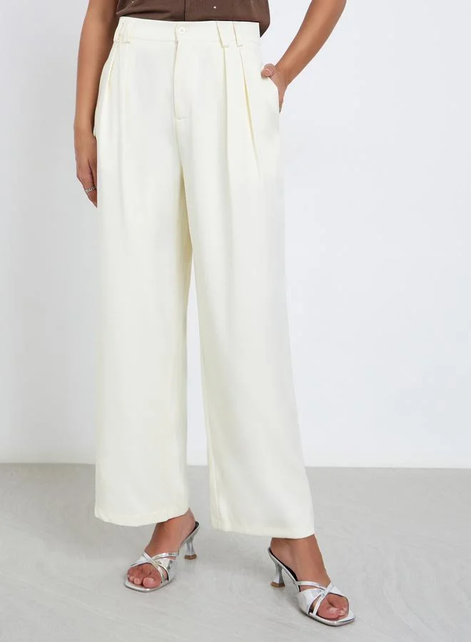 Styli Styli Cream Twill Wide Leg Trousers with Double Pleat Detail