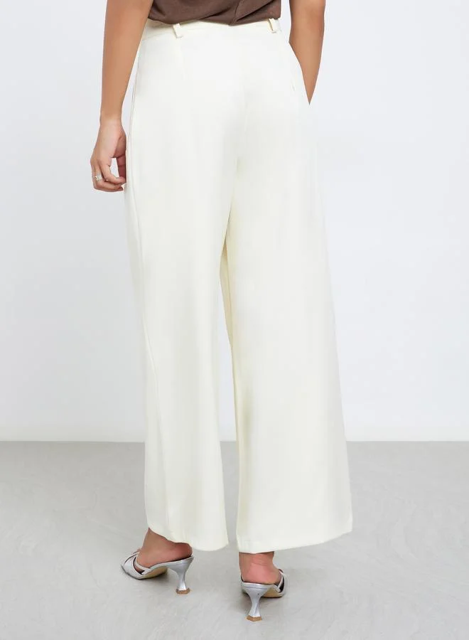 Styli Cream Twill Wide Leg Trousers with Double Pleat Detail