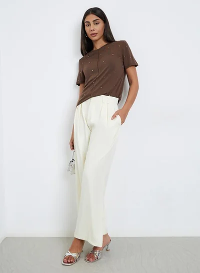 Styli Cream Twill Wide Leg Trousers with Double Pleat Detail
