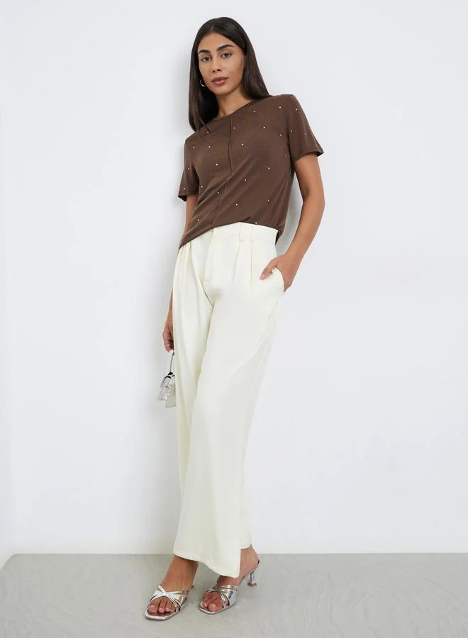 Styli Styli Cream Twill Wide Leg Trousers with Double Pleat Detail