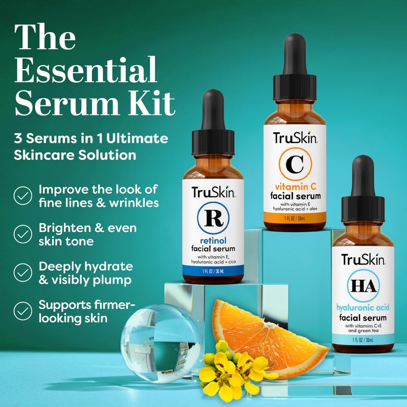 TruSkin Face Serum Trio â€“ Hyaluronic Acid, Vitamin C & Retinol Serum for Face â€“ Anti Aging Skin Care Set for Women â€“ Skincare for Bright, Smooth, Hydrated & Firmer-Looking Skin, 1 fl oz, 3 Bottles - Image 2