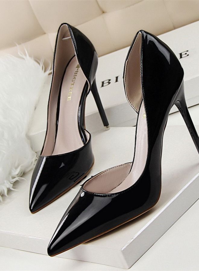 BIGTREE Lacquer Leather Shallow Mouth Pointed Hollow High Heel Shoes 10.5CM Black