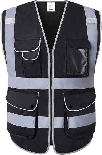 XIAKE 9 Pockets Class 2 High Visibility Reflective Safety Vest for Men Women,Meets ANSI/ISEA Standard(Black,Large) - Image 1