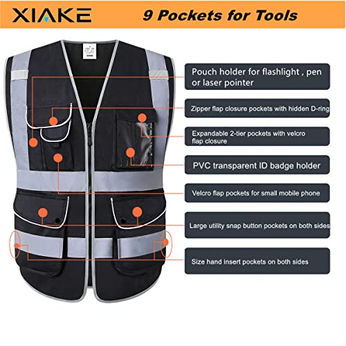 XIAKE 9 Pockets Class 2 High Visibility Reflective Safety Vest for Men Women,Meets ANSI/ISEA Standard(Black,Large) - Image 3