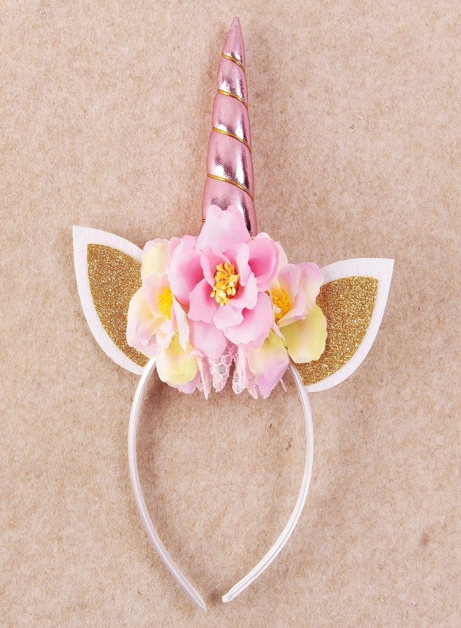 Nishine Glitter Unicorn Horn Headband Simulated Rosebush Crown Tiaras Hair Band for Birthday Unicorn Party Supplies (Pink) - Image 3
