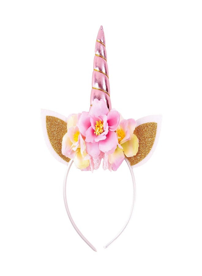 Nishine Glitter Unicorn Horn Headband Simulated Rosebush Crown Tiaras Hair Band for Birthday Unicorn Party Supplies (Pink) - Image 1
