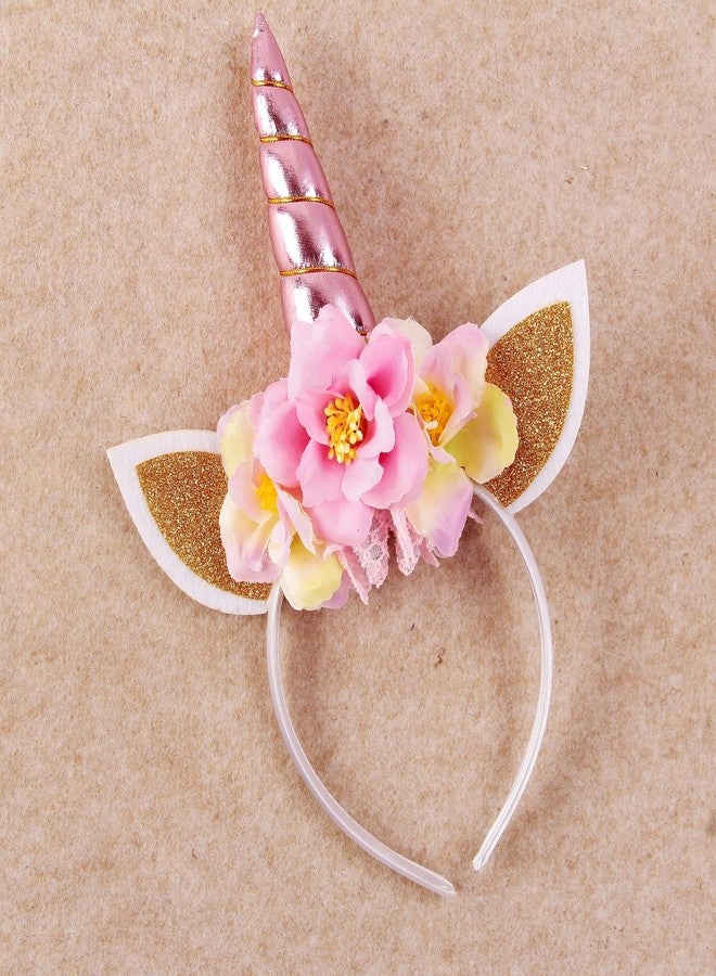 Nishine Glitter Unicorn Horn Headband Simulated Rosebush Crown Tiaras Hair Band for Birthday Unicorn Party Supplies (Pink) - Image 2