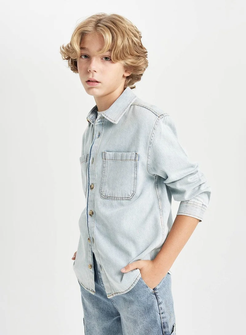 DeFacto Oversized Fit Wide Polo Neck Pocket Jean Long Sleeve Shirt