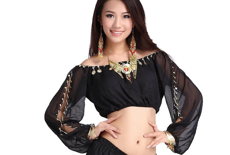 ZLTdream Ladys Belly Dance Long Sleeves Chiffon Top Black, One size - Image 2