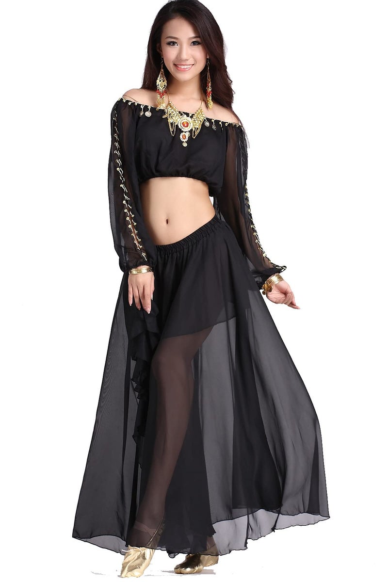 ZLTdream Ladys Belly Dance Long Sleeves Chiffon Top Black, One size - Image 1