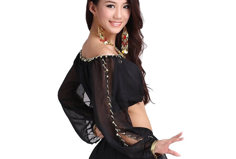 ZLTdream Ladys Belly Dance Long Sleeves Chiffon Top Black, One size - Image 3