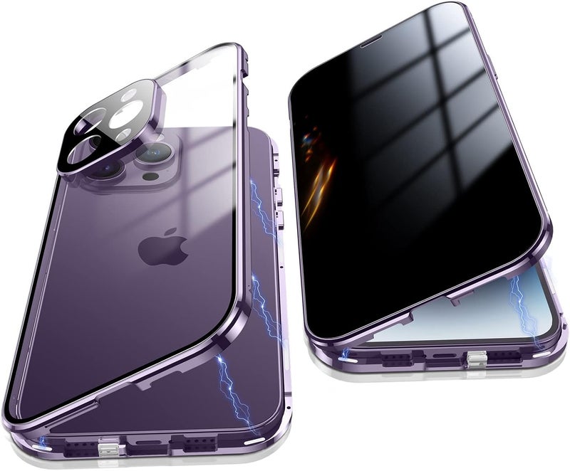 NALACAL جراب مضاد للتجسس لهاتف iPhone 14 Pro Max، غطاء زجاجي مقوى للخصوصية بزاوية 360 درجة من الأمام والخلف، شاشة مضادة للتجسس، مصد مغناطيسي لهاتف iPhone 14 Pro Max، أرجواني - Image 1