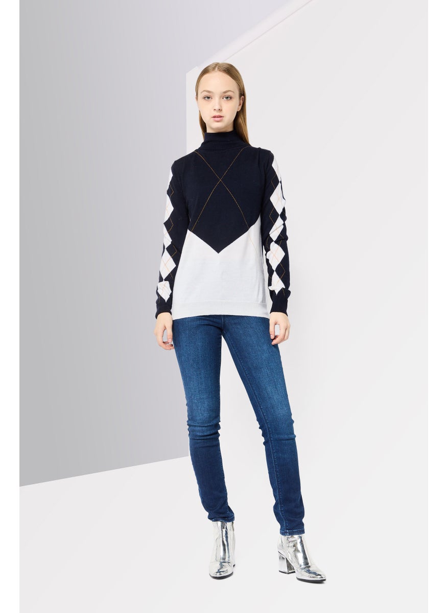Harmont & Blaine Women Mock Neck Long Sleeves Two Tone Sweater, Multicolor  - Image 4