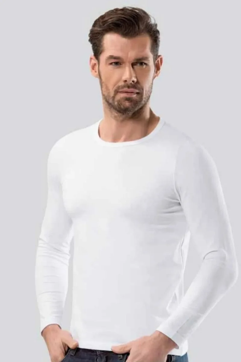 HMD 720 Men's Crew Neck Long Sleeve Cotton Undershirt - White