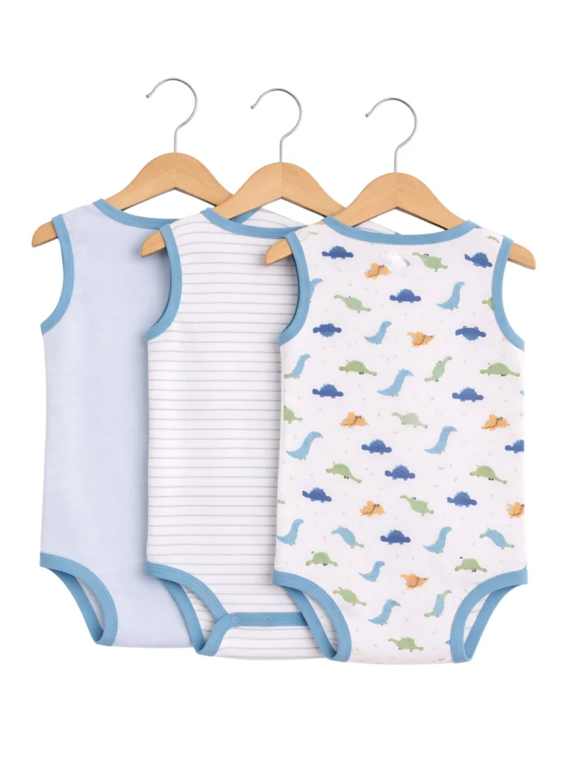 Victor And Jane  Baby Boys Sleeveless Interactive Dino Print Bodysuits – Pack of 3 for Men | Best Price UAE