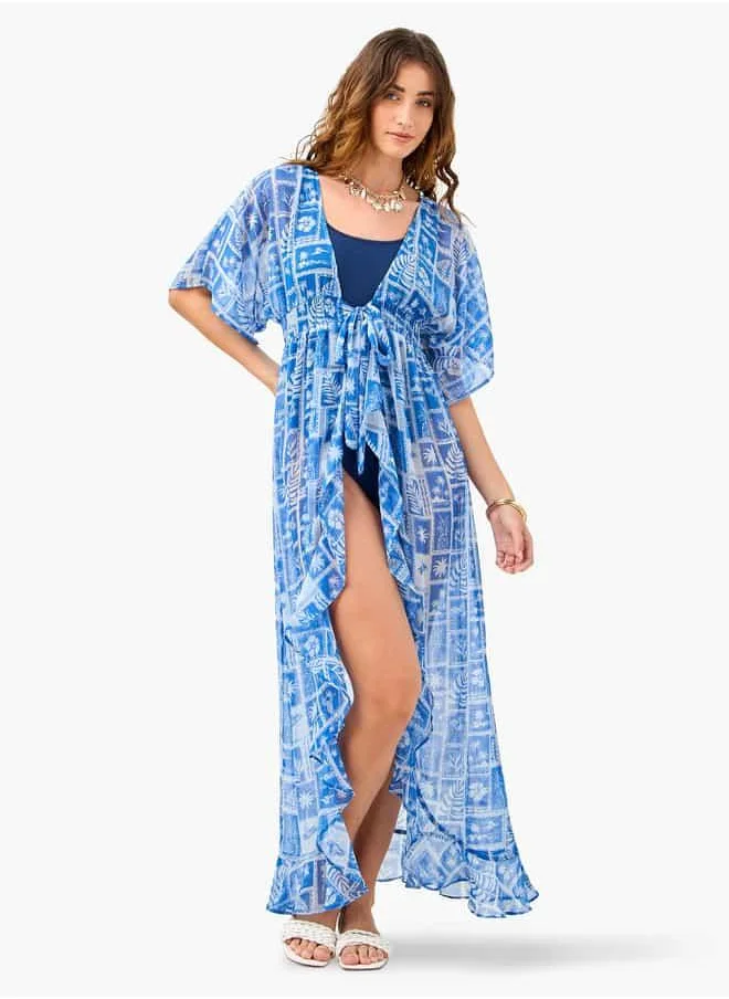 فاف All-Over Print Cover-Up with Tie-Ups and Shirred Detail