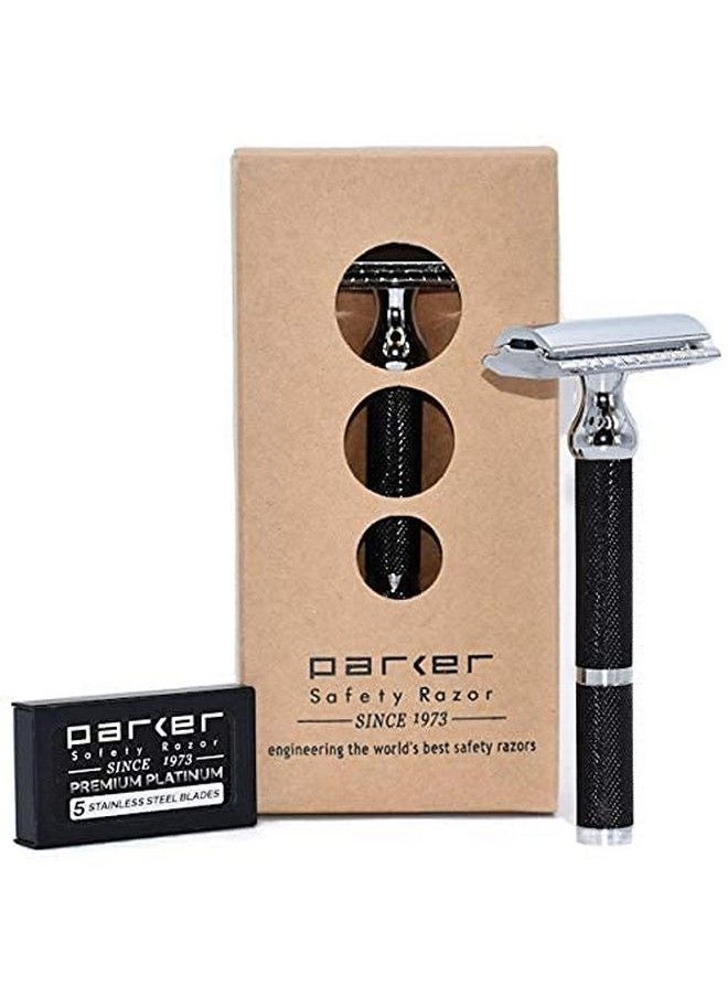 Parker Safety Razor ماكينة حلاقة آمنة ذات حدين بمقبض طويل ووزن متوسط 71R مع 5 شفرات حلاقة من الفولاذ المقاوم للصدأ من Parker Platinum بمقبض من النحاس المطلي بالكهرباء باللون الأسود  - Image 2