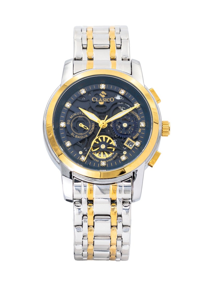 Clasico إصدار قرص الهيكل العظمي – أزرق كوبالت وحزام فولاذي ثنائي اللون فضي-ذهبي – ساعة كرونوغراف للرجال مع حزام فولاذي ناعم فاخر – تصميم مقاوم للماء - Image 1