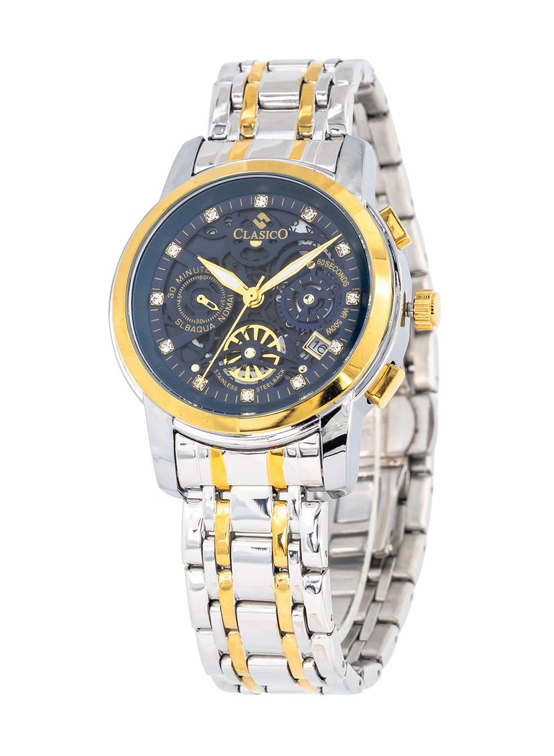 Clasico إصدار قرص الهيكل العظمي – أزرق كوبالت وحزام فولاذي ثنائي اللون فضي-ذهبي – ساعة كرونوغراف للرجال مع حزام فولاذي ناعم فاخر – تصميم مقاوم للماء - Image 2