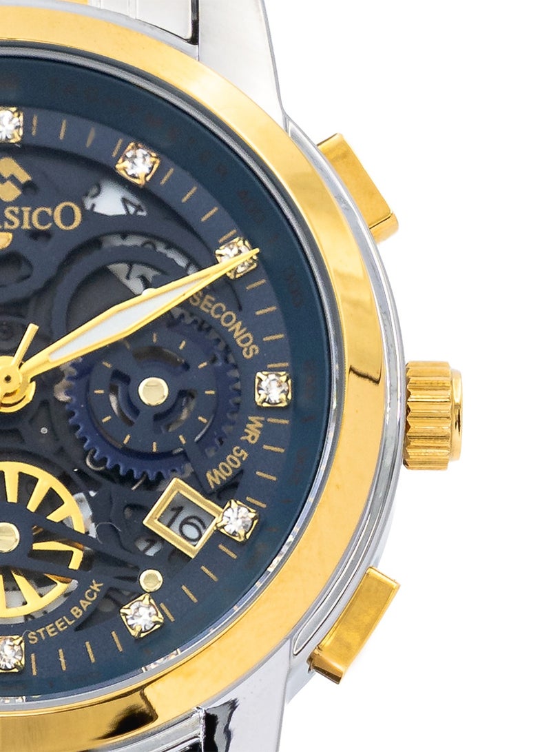 Clasico إصدار قرص الهيكل العظمي – أزرق كوبالت وحزام فولاذي ثنائي اللون فضي-ذهبي – ساعة كرونوغراف للرجال مع حزام فولاذي ناعم فاخر – تصميم مقاوم للماء - Image 3