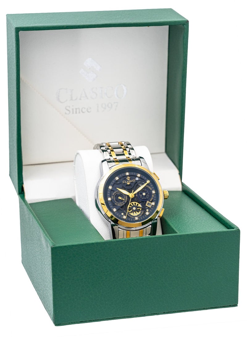 Clasico إصدار قرص الهيكل العظمي – أزرق كوبالت وحزام فولاذي ثنائي اللون فضي-ذهبي – ساعة كرونوغراف للرجال مع حزام فولاذي ناعم فاخر – تصميم مقاوم للماء - Image 5