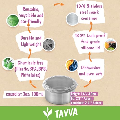 TAVVA 4 X 3oz Stainless Steel Containers with Lids - Leakproof w/Silicone Lids - BPA Free - Dishwasher & Freezer Safe - Portable & Reusable - Small Stainless Steel Snack Cups Dressing Containers - Image 3