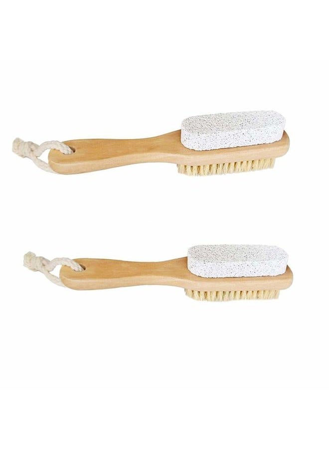 Femcery 2Pcs Wood Foot Natural Bristle Brush And Pumice Stone Combo W/Rope Wooden Handle Exfoliator Pedicures Calluses Remover Smoother for Body Skin, Feet, Elbow Scrubber Massage SPA Sauna Dry Skin - Image 1