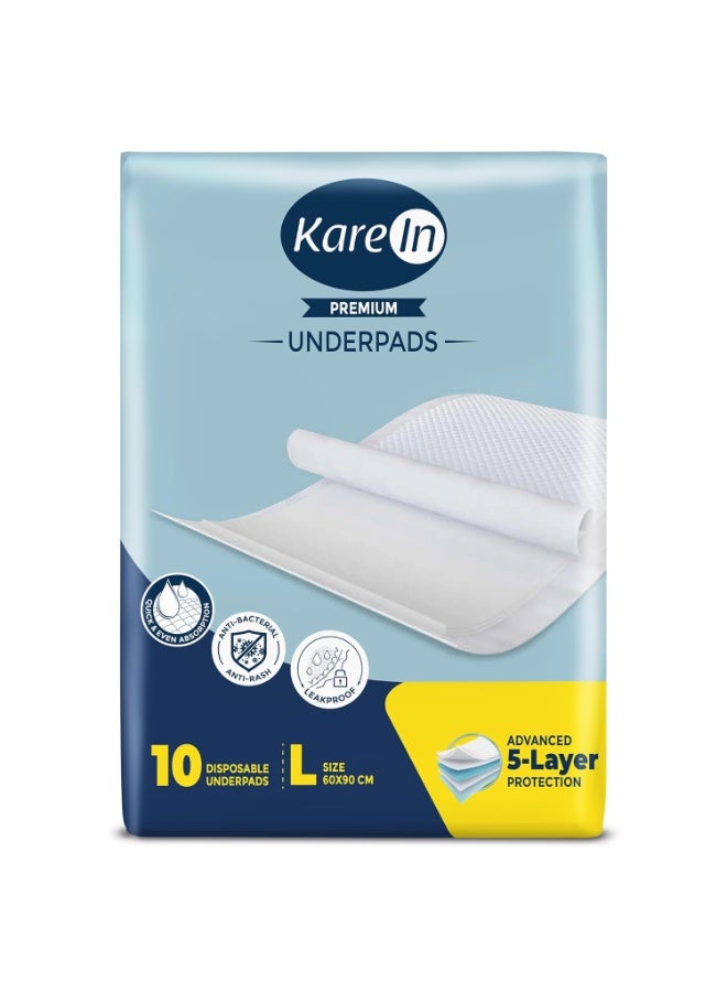 KareIn Premium Underpads For Adults, Large 60 x 90 cm, 10 Unit, Highly Absorbent, Anti-Bacterial, Rash Protection, Leak Proof, Protects Surfaces from Incontinence, Odor Control, Super Soft - Image 1