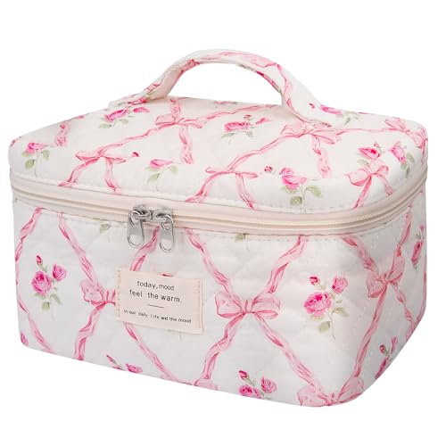 Gosect Large Makeup Bag, Cute Cosmetic Bag for Women Girls, Floral Coquette Aesthetic Toiletry Bag, Travel Make Up Organizer Bag (Pink Butterfly) - Image 1