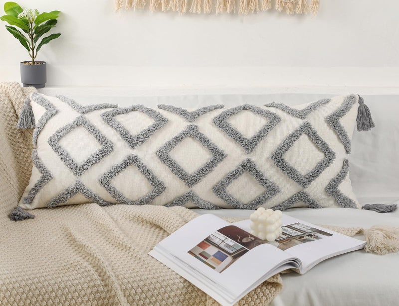 PANOD Decorative Long Lumbar Pillow Cover 14x40 Boho Super Soft Chenille Extra Long Lumbar Pillow Case Cover with Tassel for Bed Sofa Couch Farmhouse Livingroom Grey Modern Skinny - Image 2