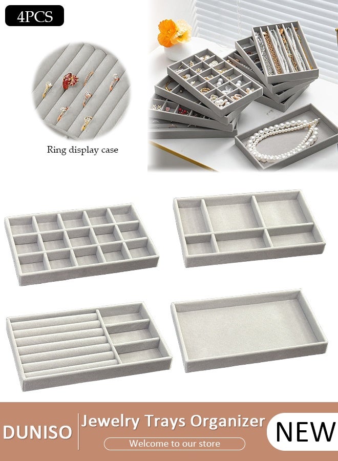 DUNISO Stackable Jewelry Trays Organizer, Closet Drawer Accessories Tray Set of 4 Drawer Organizer for Earring, Ring, Gadgets & Cosmetics, Display Organizer Necklace Storage Showcase Bracelet Removable Tray - Image 1