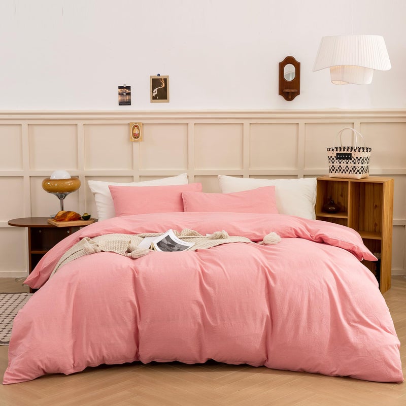 ECOCOTT ECOCOTT Pink Duvet Cover Queen Size - Linen Feel Textured Organic Natural 100% Washed Cotton  Soft Breathable 3 Pieces Bedding Set with Zipper Closure  - Image 1