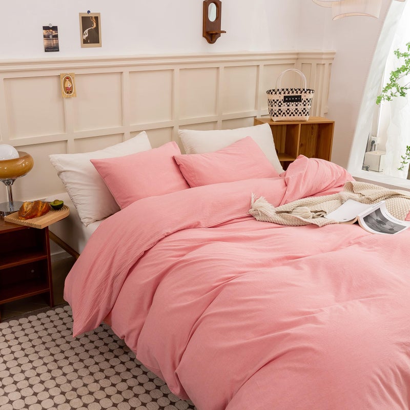 ECOCOTT ECOCOTT Pink Duvet Cover Queen Size - Linen Feel Textured Organic Natural 100% Washed Cotton  Soft Breathable 3 Pieces Bedding Set with Zipper Closure  - Image 5
