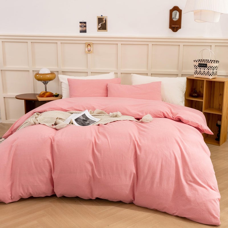 ECOCOTT ECOCOTT Pink Duvet Cover Queen Size - Linen Feel Textured Organic Natural 100% Washed Cotton  Soft Breathable 3 Pieces Bedding Set with Zipper Closure  - Image 2