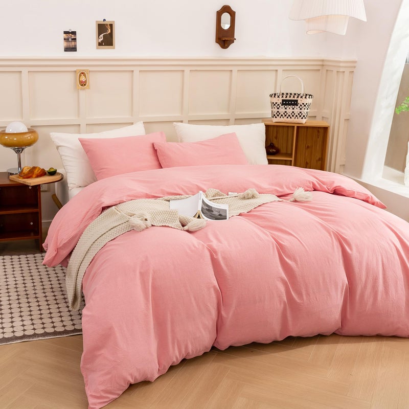 ECOCOTT ECOCOTT Pink Duvet Cover Queen Size - Linen Feel Textured Organic Natural 100% Washed Cotton  Soft Breathable 3 Pieces Bedding Set with Zipper Closure  - Image 3