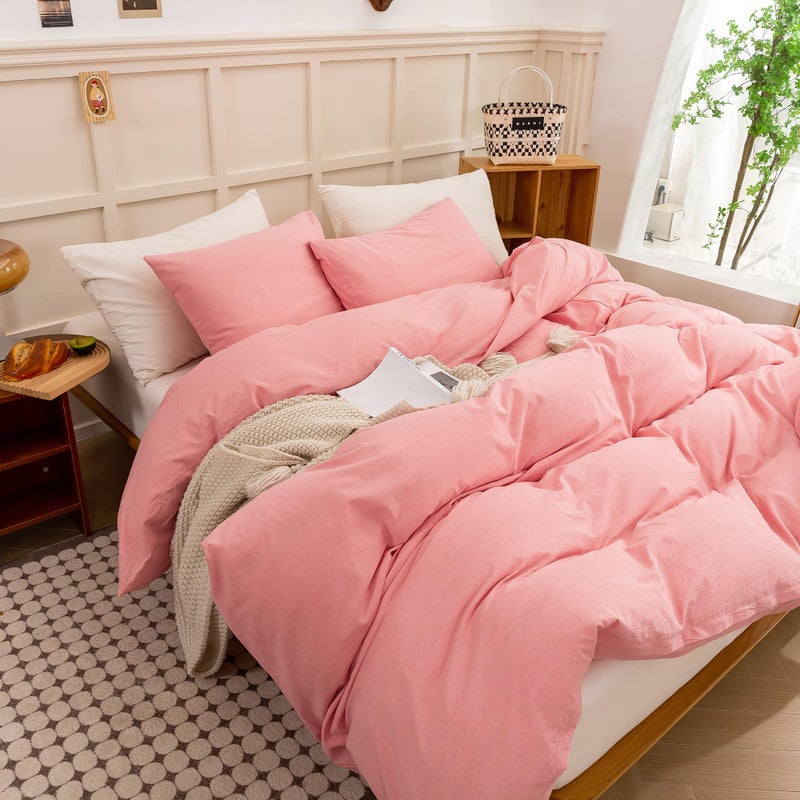 ECOCOTT ECOCOTT Pink Duvet Cover Queen Size - Linen Feel Textured Organic Natural 100% Washed Cotton  Soft Breathable 3 Pieces Bedding Set with Zipper Closure  - Image 4