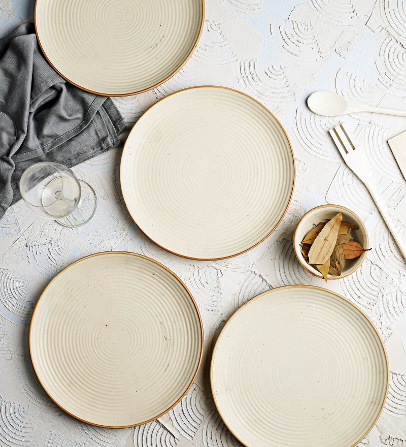 miah decor Ceramic Dinner Plates Set of 4 Handcrafted Stoneware Ribbed Cream Matte Dinning Plate for Dinner Microwave & Dishwasher Safe-Size 10 Inches - Image 1