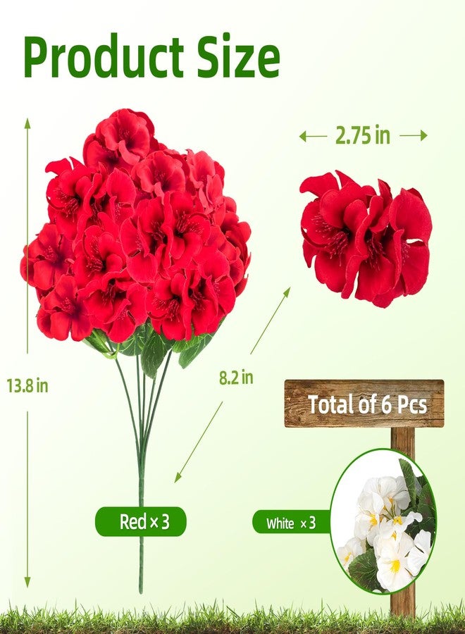 Cleangor 6 Pcs Artificial Geraniums Flowers for Outdoor, UV Resistant Outdoor Artificial Plants, Red Geranium Artificial Flowers Realistic, Silk Flower for Garden, Porch, Balcony, Yard Decor (2 Color) - Image 2