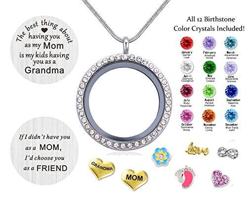 Beffy Best Gifts for Mother Mom Grandma Mammy Mum, Round Living Memory Floating Charm Locket Pendant Necklace with Birthstones & Charms - Image 3