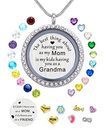 Beffy Best Gifts for Mother Mom Grandma Mammy Mum, Round Living Memory Floating Charm Locket Pendant Necklace with Birthstones & Charms - Image 1