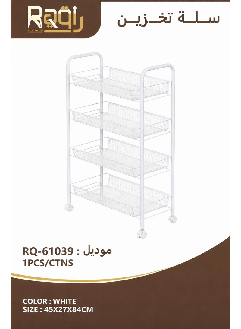 Raqi 4-Tier Rolling Metal Storage Rack with Wheels – Multi-Purpose Shelving Unit – White - Image 1