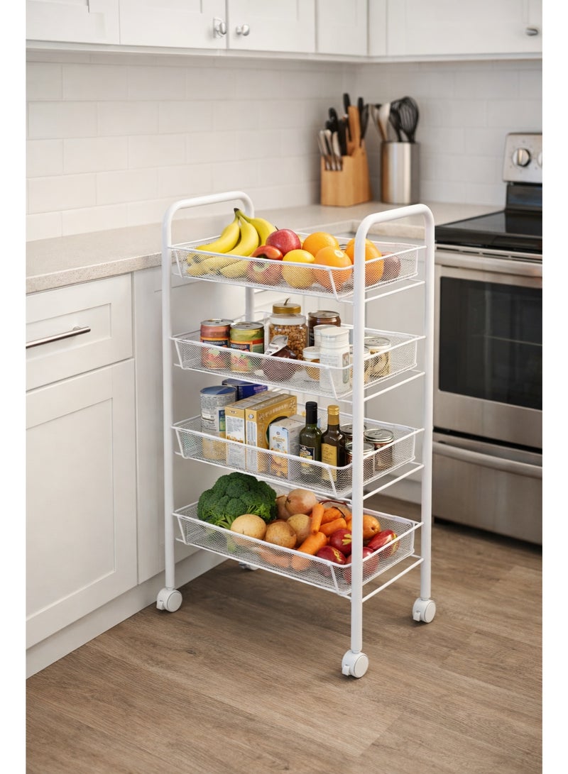 Raqi 4-Tier Rolling Metal Storage Rack with Wheels – Multi-Purpose Shelving Unit – White - Image 2