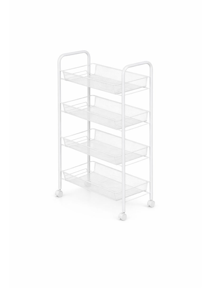 Raqi 4-Tier Rolling Metal Storage Rack with Wheels – Multi-Purpose Shelving Unit – White - Image 4