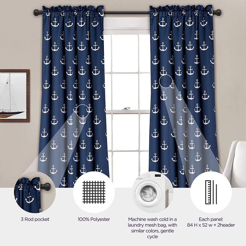 Lush Decor Darkening Window Curtain Set  Navy Anchor Print  52"" W x 84"" L - Image 2